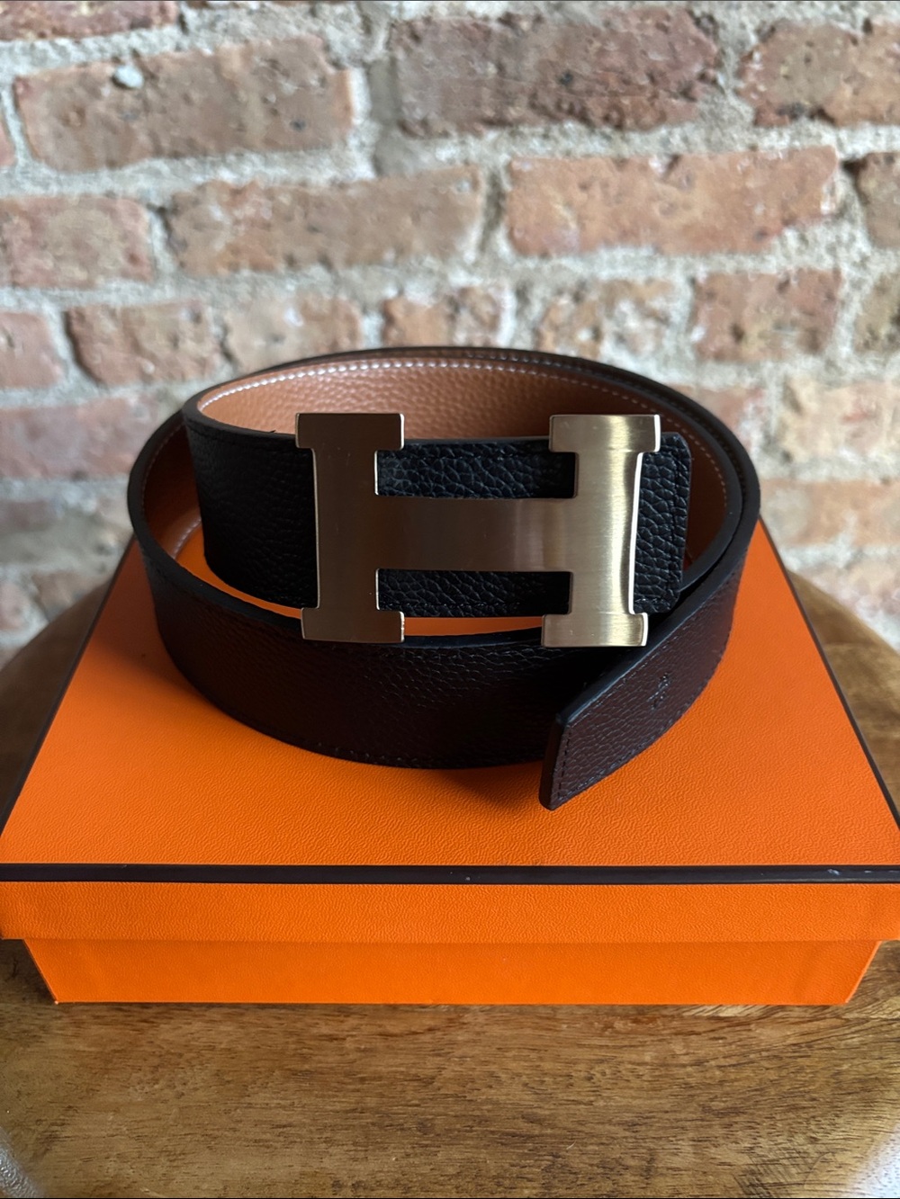 HERMES Black and Brown classic Silver H Leather Belt.